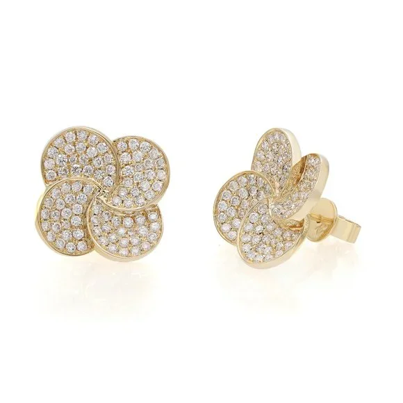 Pave Set Round Cut Diamond Flower Stud Earring 18K Yellow Gold 1.45Cttw - Picture 2 of 4
